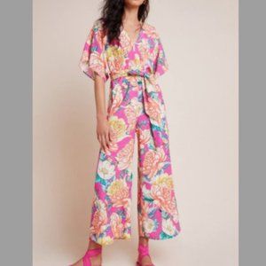 NWT Anthropologie Farm Rio Pink Floral Eulalie Wide Leg Jumpsuit Size XSP